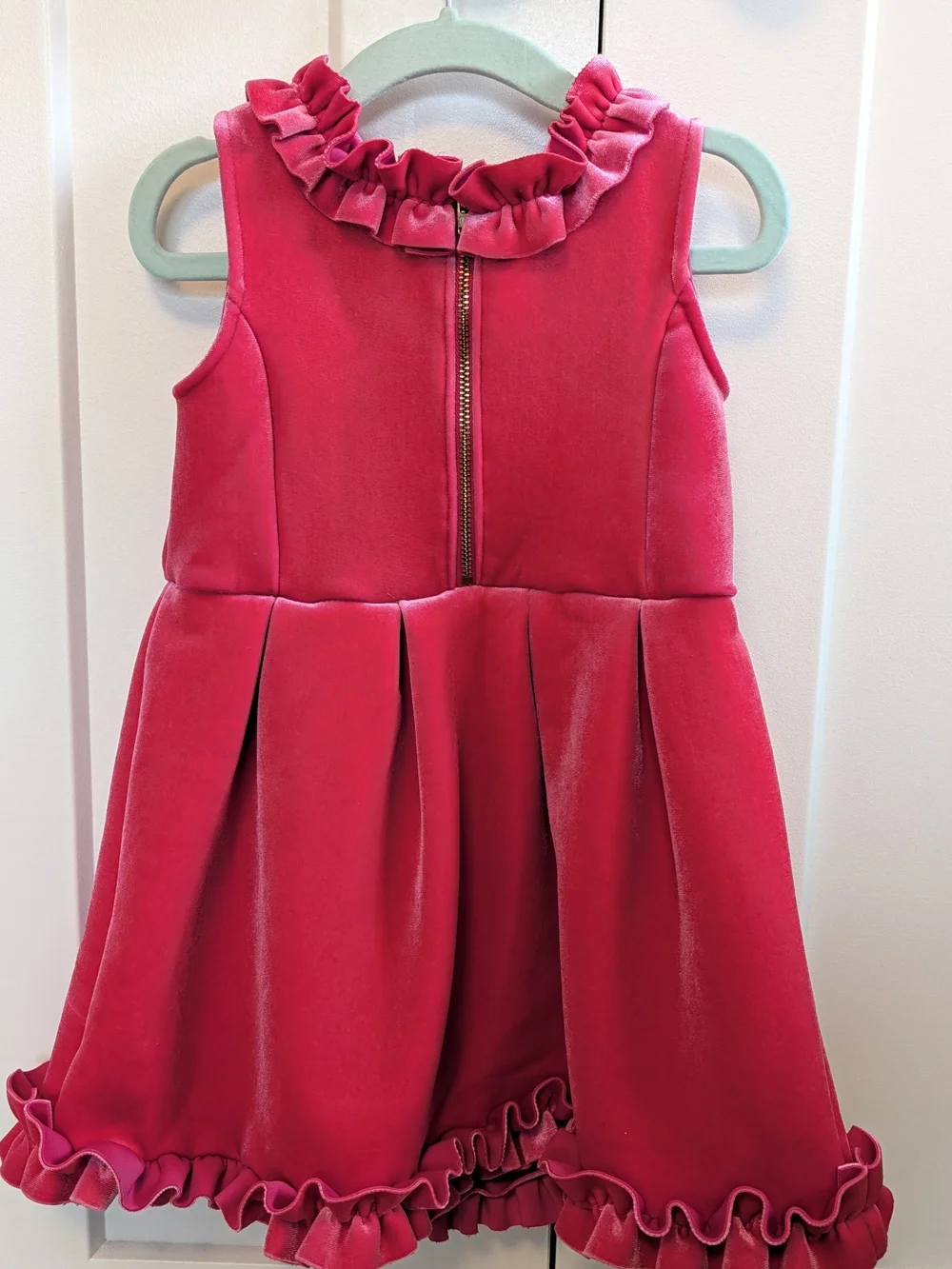 Girls Ruffled Velvet Party Dress in Bright Pink